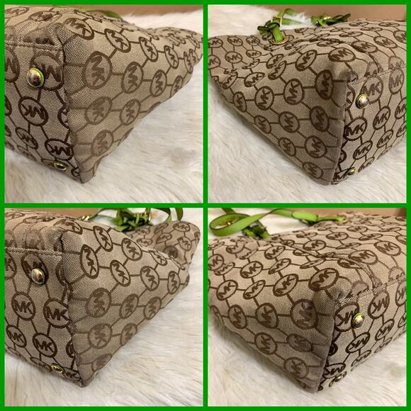 MICHAEL KORS JET SET Vintage Khaki Signature Canvas Pocket Tote w/Green Trim - Picture 14 of 16